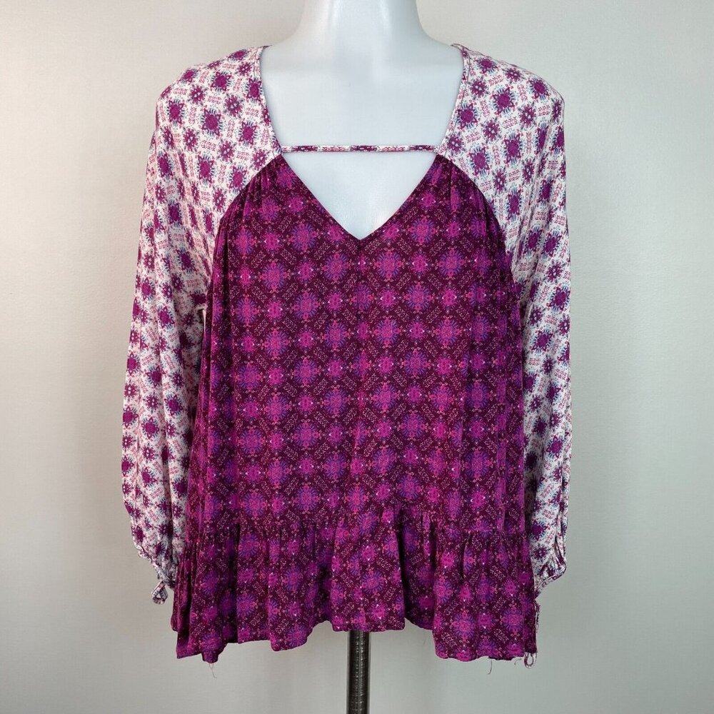 Forever21 Top Small Purple White Boho 3/4 Sleeve Blouse Relaxed Fit